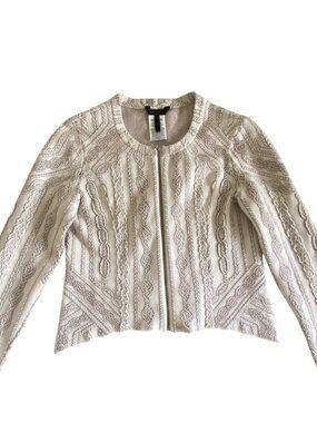 BCBGMaxAzria Gardenia Cream Beige Braided Textured Zip Cardigan Sz Tall L